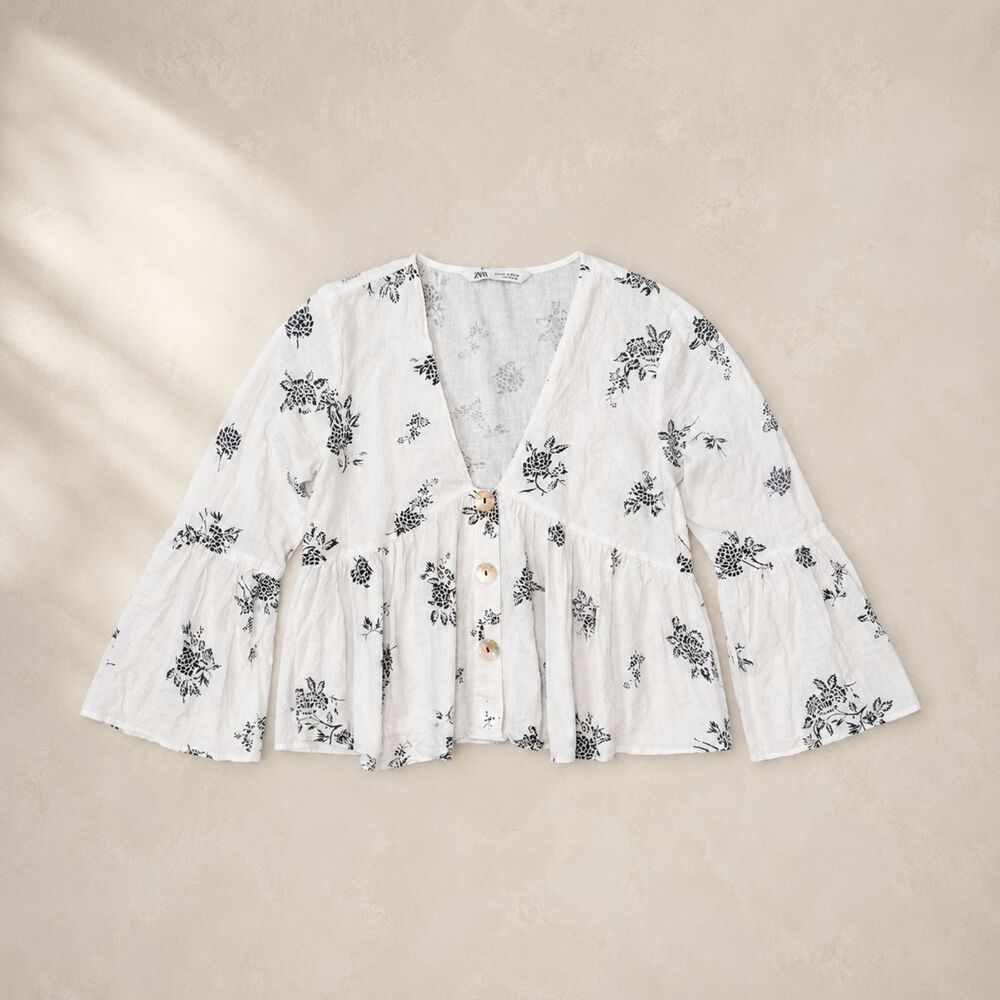 Zara White Navy Floral Peplum Blouse Bell Sleeve Button Front Top Womens M